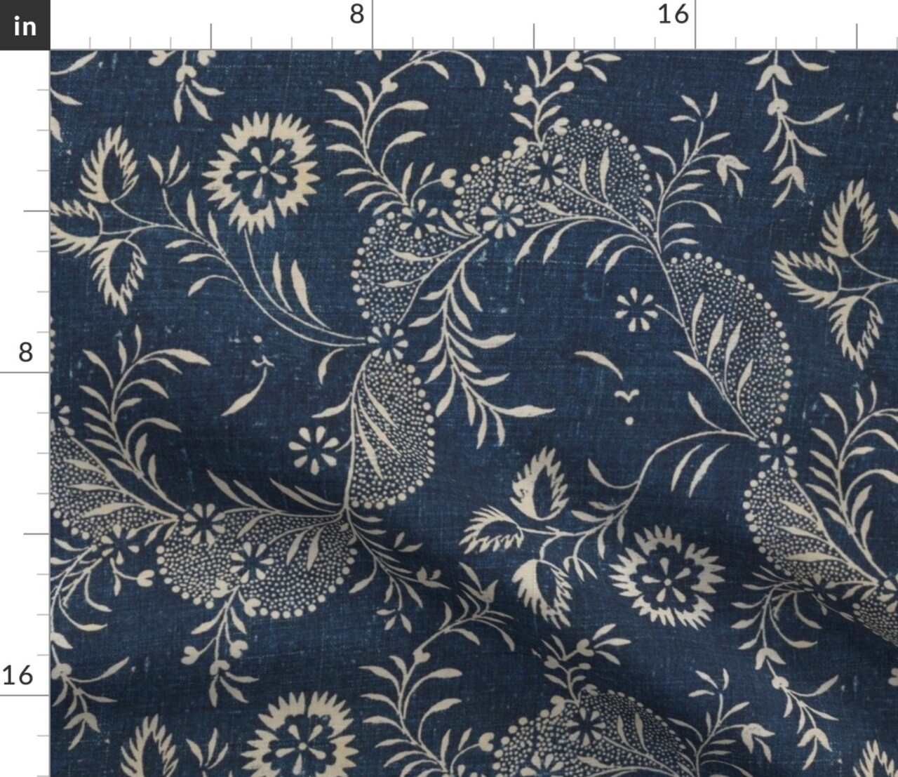 Indigo Floral Folk Art Traditional Vintage Vines Indigo Batik Custom Printed Fabric by Spoonflower Various Fabrics by the Yard or Fat Quarter